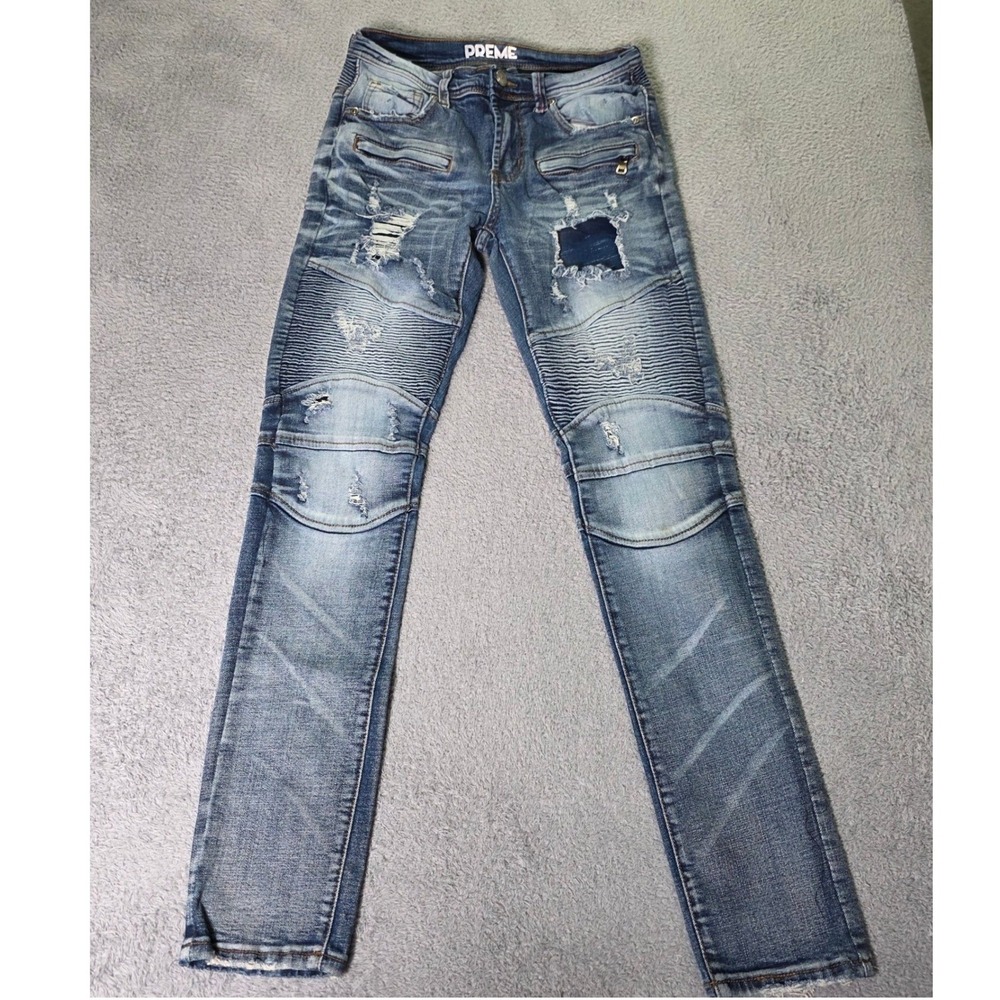 Preme Mens 30x32 Biker Moto Jeans Blue Distressed Patched Ribbed Slim Fit Denim